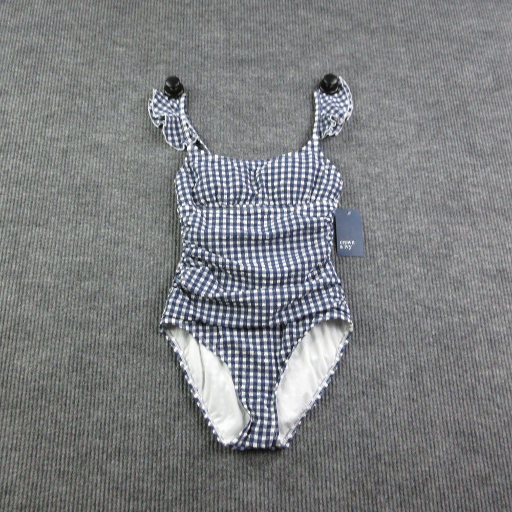 Crown & Ivy One Piece Womens 8 Blue Gingham Ruffle Spaghetti Strap Lined NWT